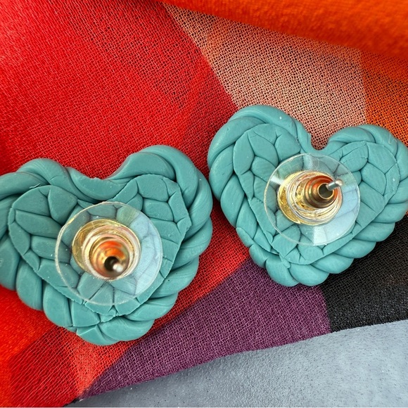 Turquoise Heart-Shaped Polymer Clay Stud Earrings - Picture 4 of 9